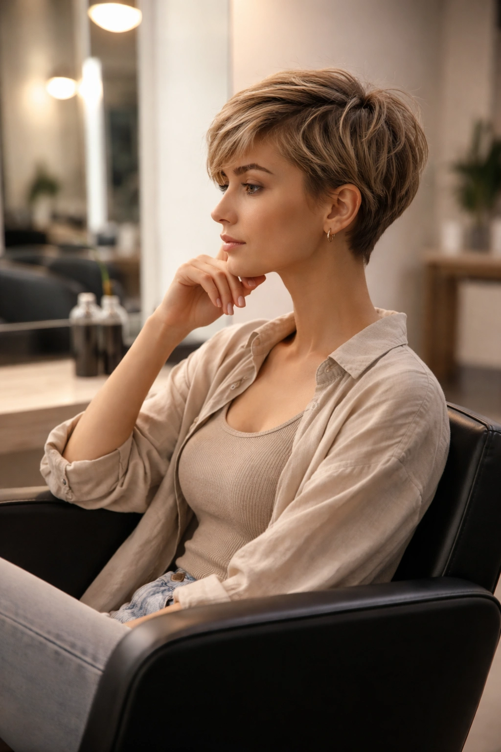 Calm salon scene depicting contemplation after a haircut