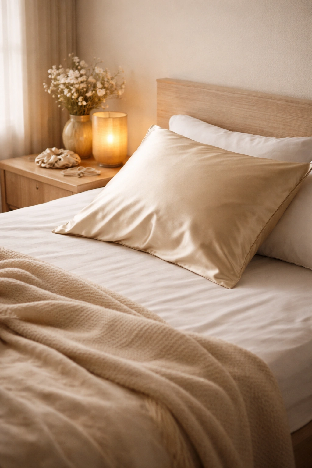 Satin pillowcase on a neatly made bed in a calm bedroom setting