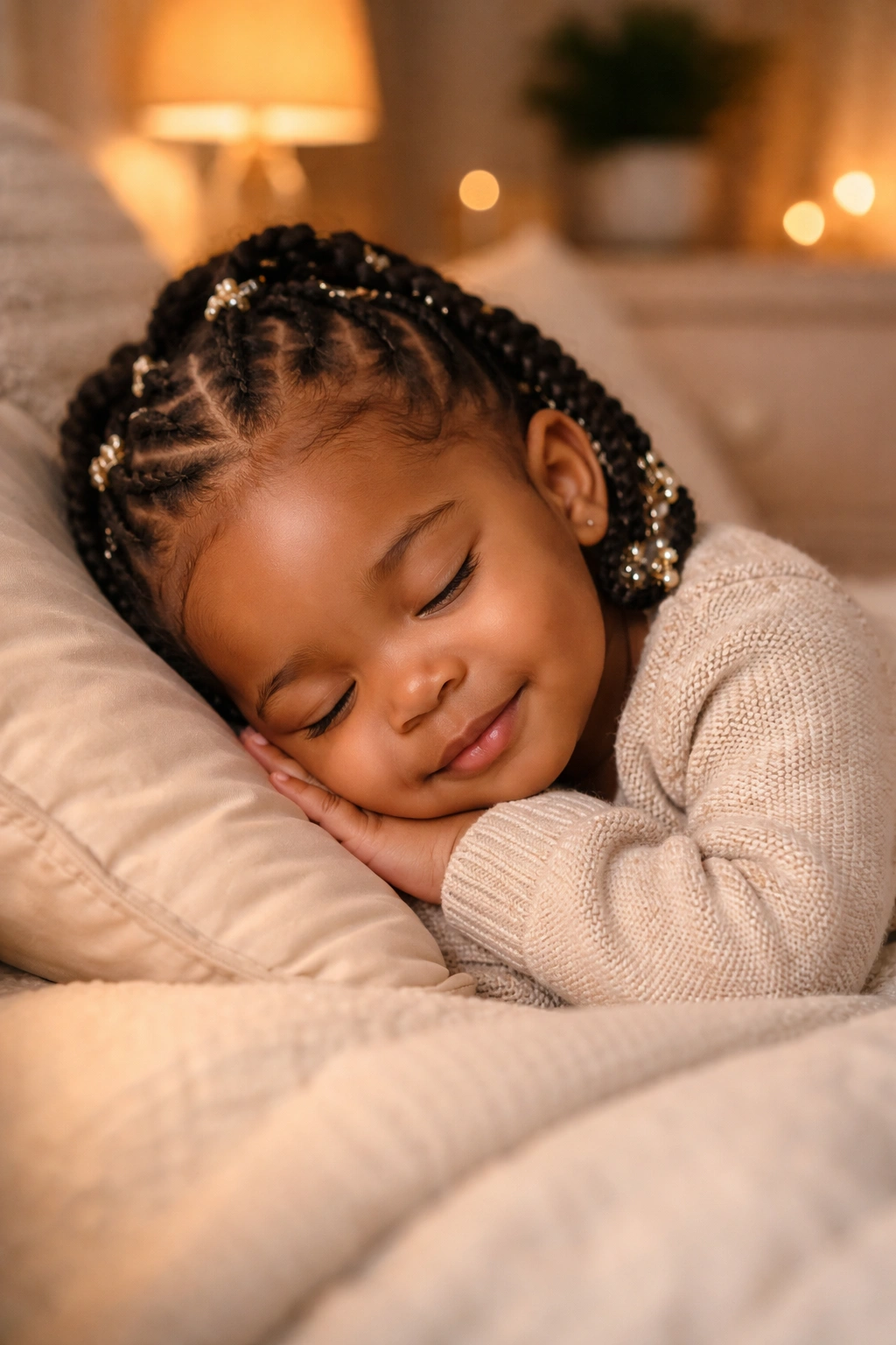Calm toddler with neatly styled natural hair in a cozy setting