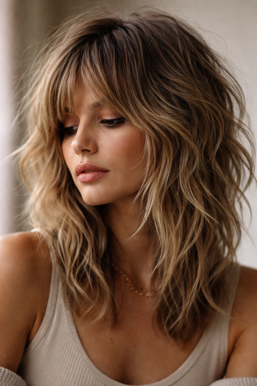 15 Medium Shaggy Hairstyles With Tons Of Texture 16 Contemplative portrait highlighting a textured medium shag in editorial mood
