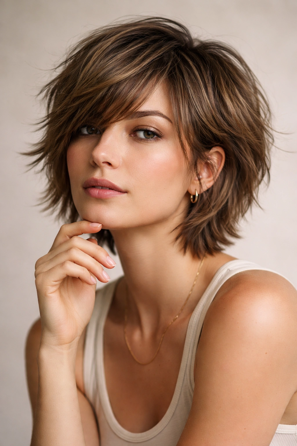 Portrait of a person with a short shag haircut and side-swept bangs in a contemplative pose