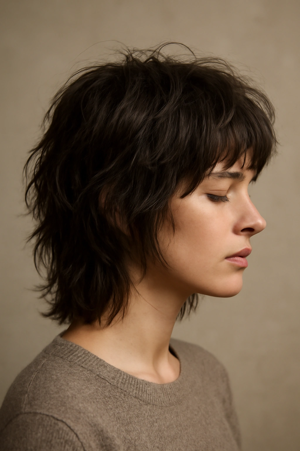 10 Messy Medium Shags You Can Air Dry Easily 11 Profile portrait of a person with a shag haircut in a calm studio