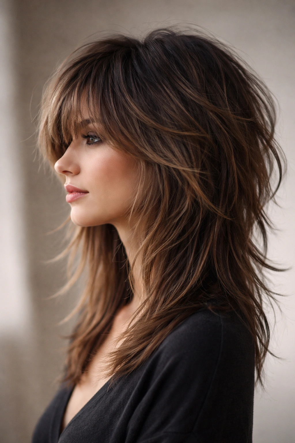 20 Shag Hairstyles Sorted By Hair And Face Type 21 Side-profile portrait of a person with a chic shag haircut