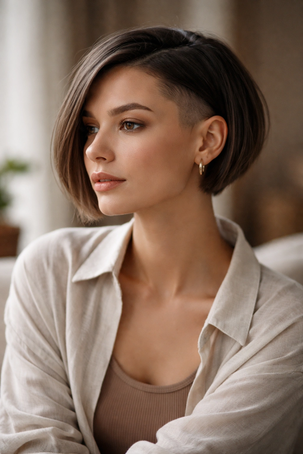 10 Shaved Bob Haircuts With An Effortless Edge 16 Thoughtful portrait of a person with a shaved bob in soft light