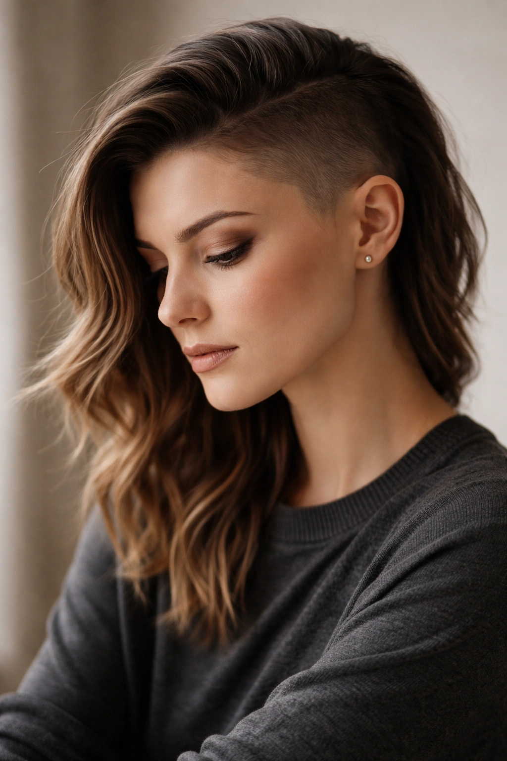 10 Shaved Side Hairstyles Women Are Rocking Now 11 Thoughtful portrait with shaved sides, reflecting on hairstyle versatility
