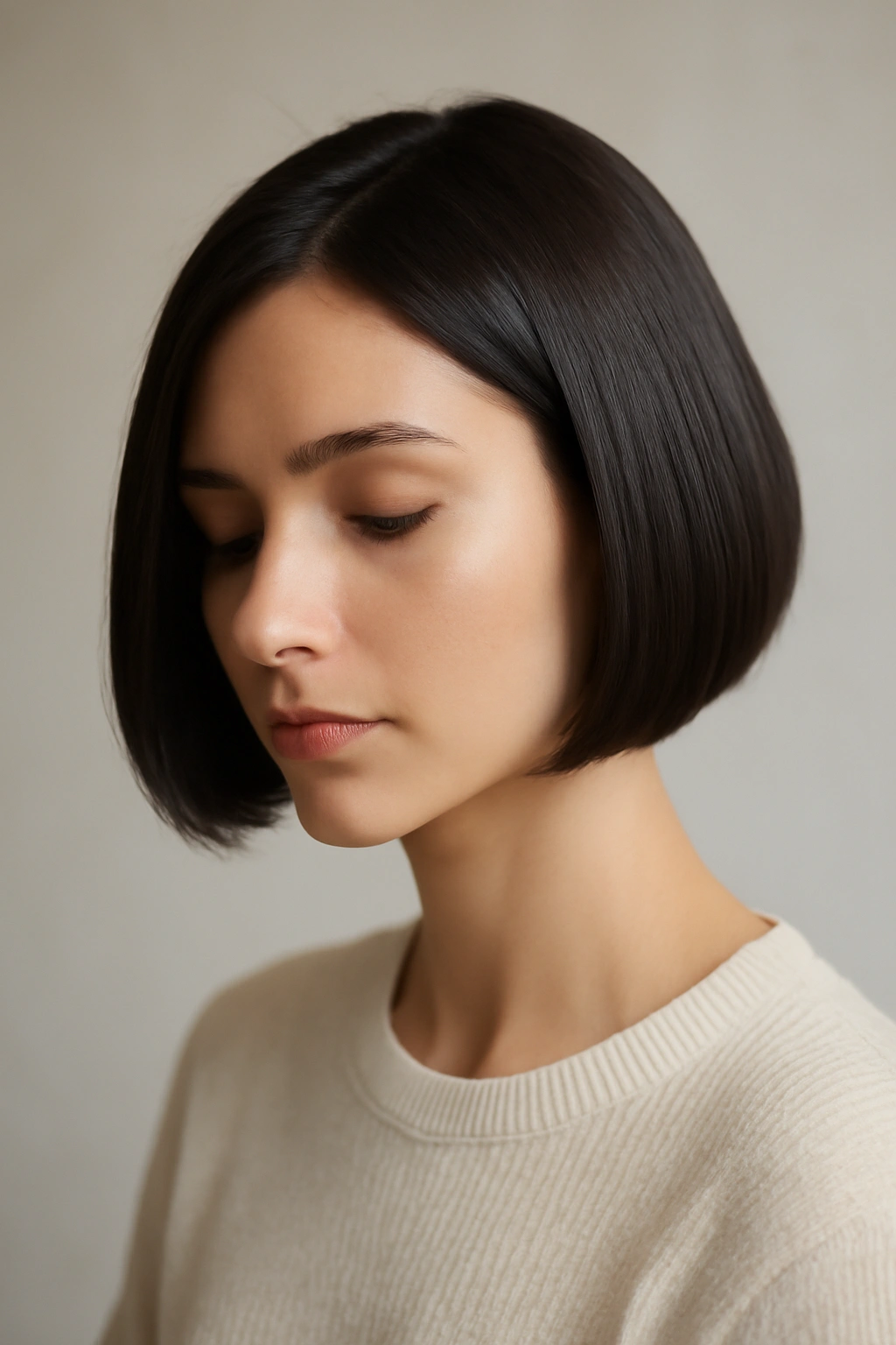 18 Short Bob Cuts For Fine And Thick Hair Alike 19 Portrait of a person with a sleek short bob haircut in a neutral studio, highlighting hair shape and texture.