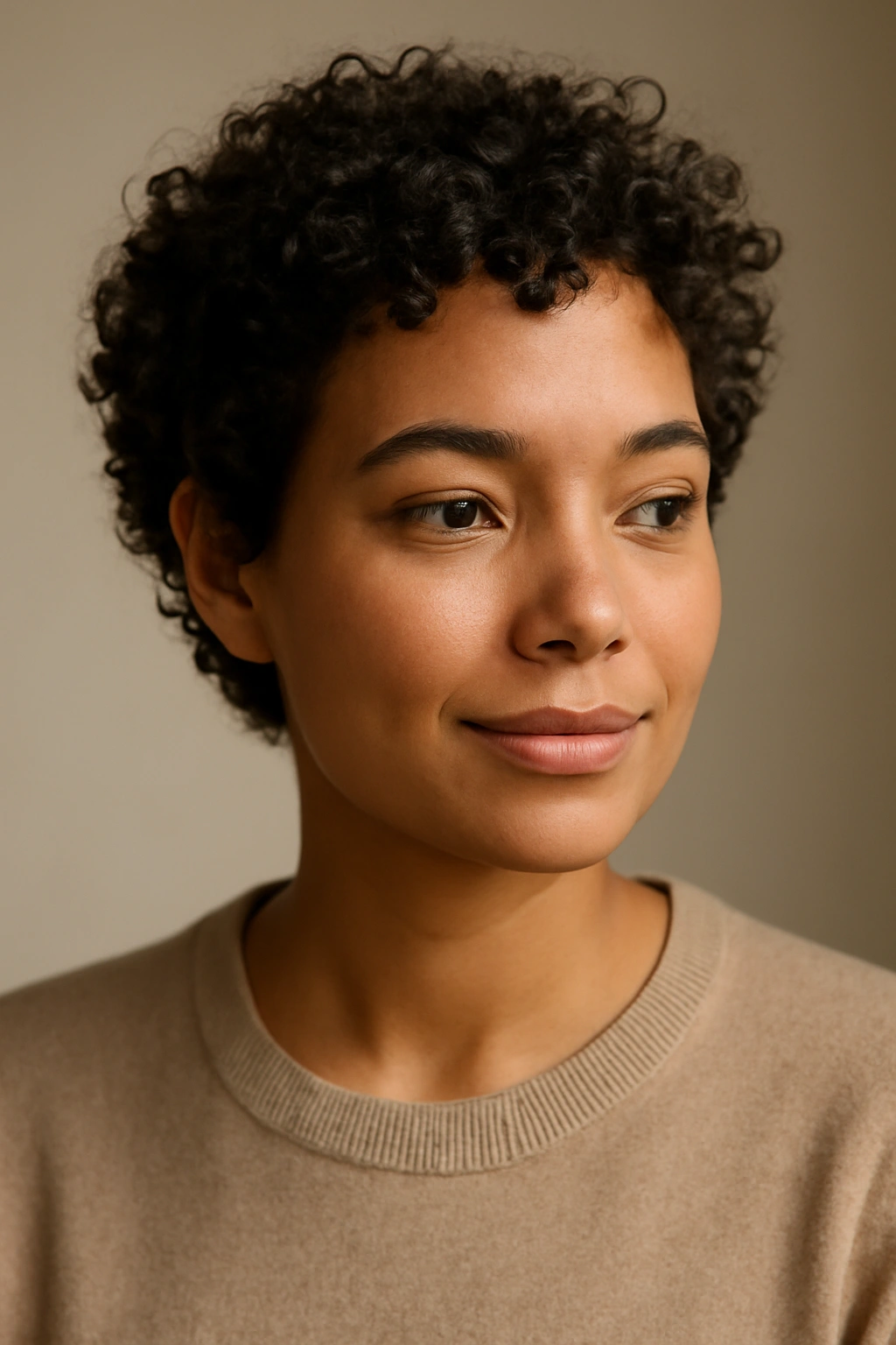 12 Easy Short Curly Styles for Effortless Mornings 13 Close-up portrait of a person with short natural curls in a minimalist studio