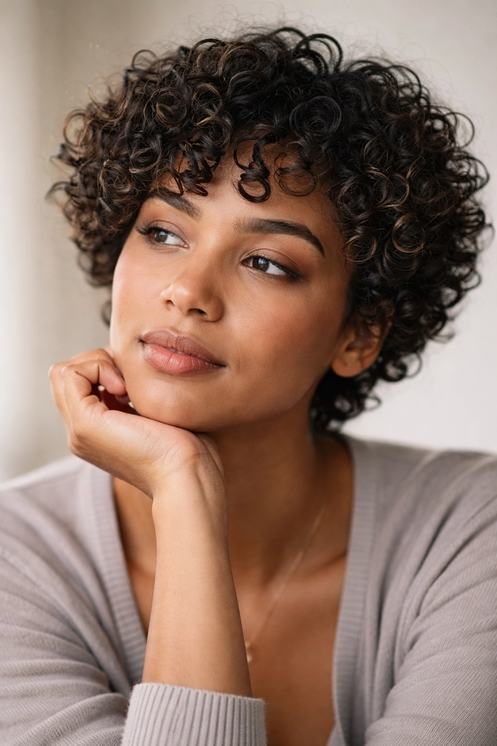12 Short Curly Looks Suited To Every Curl Type 13 Close-up portrait of a person with short curly hair, thoughtful expression, emphasizing curl texture and definition