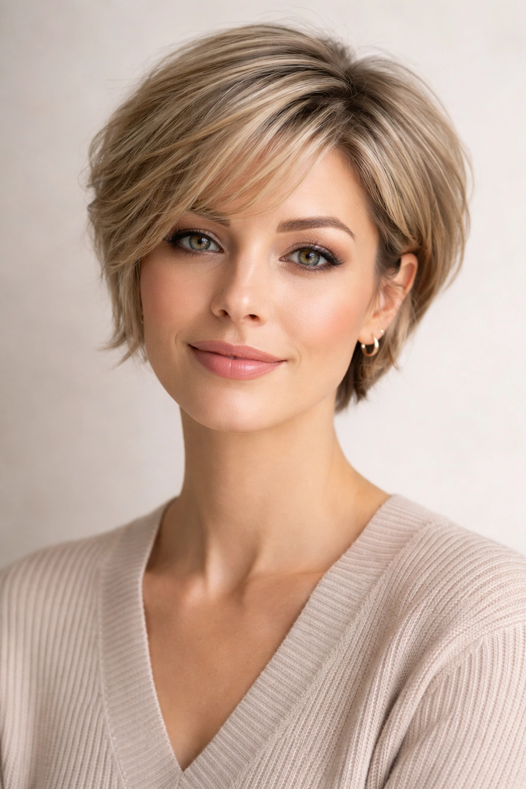 Calm frontal portrait of a head with neatly styled short hair.