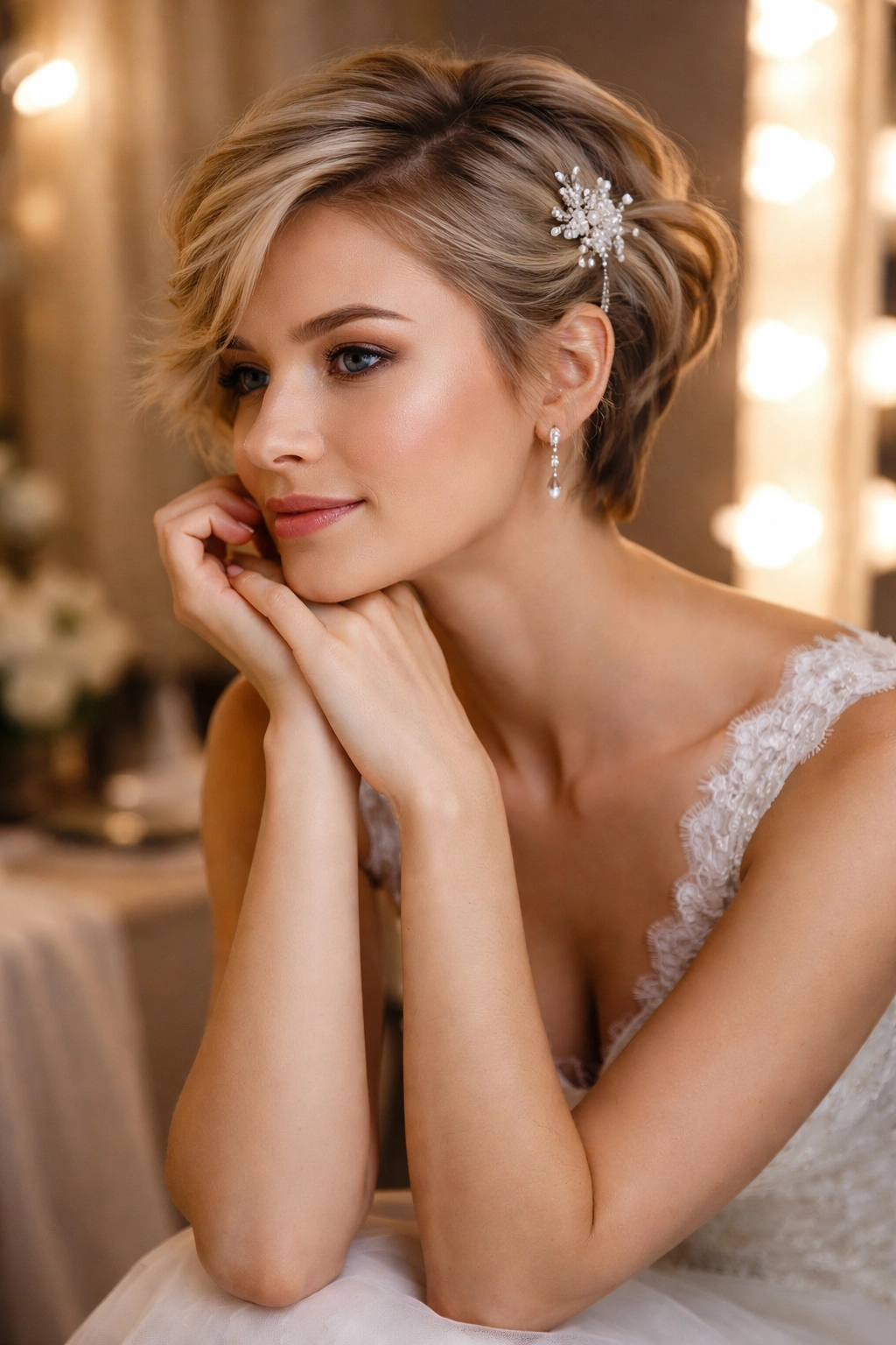 Thoughtful portrait of a person with short wedding hairstyle contemplating hair ideas