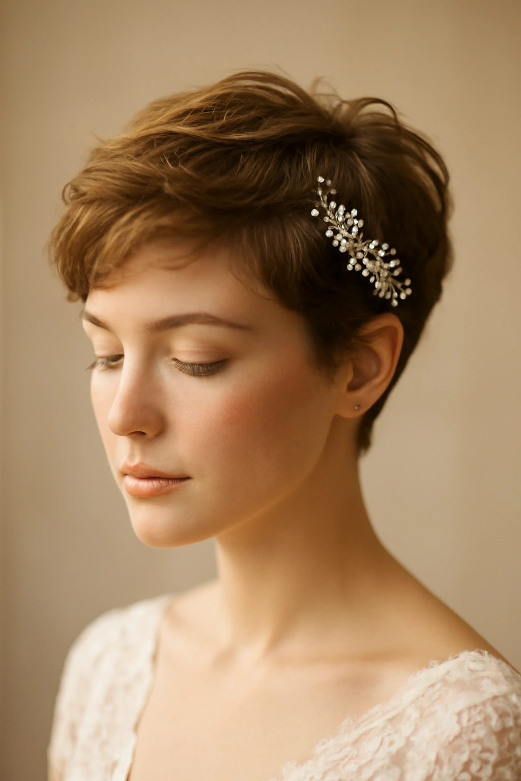 15 Wedding Hairstyles That Suit Short-Haired Brides 16 Close-up of a refined short wedding hairstyle in soft light.