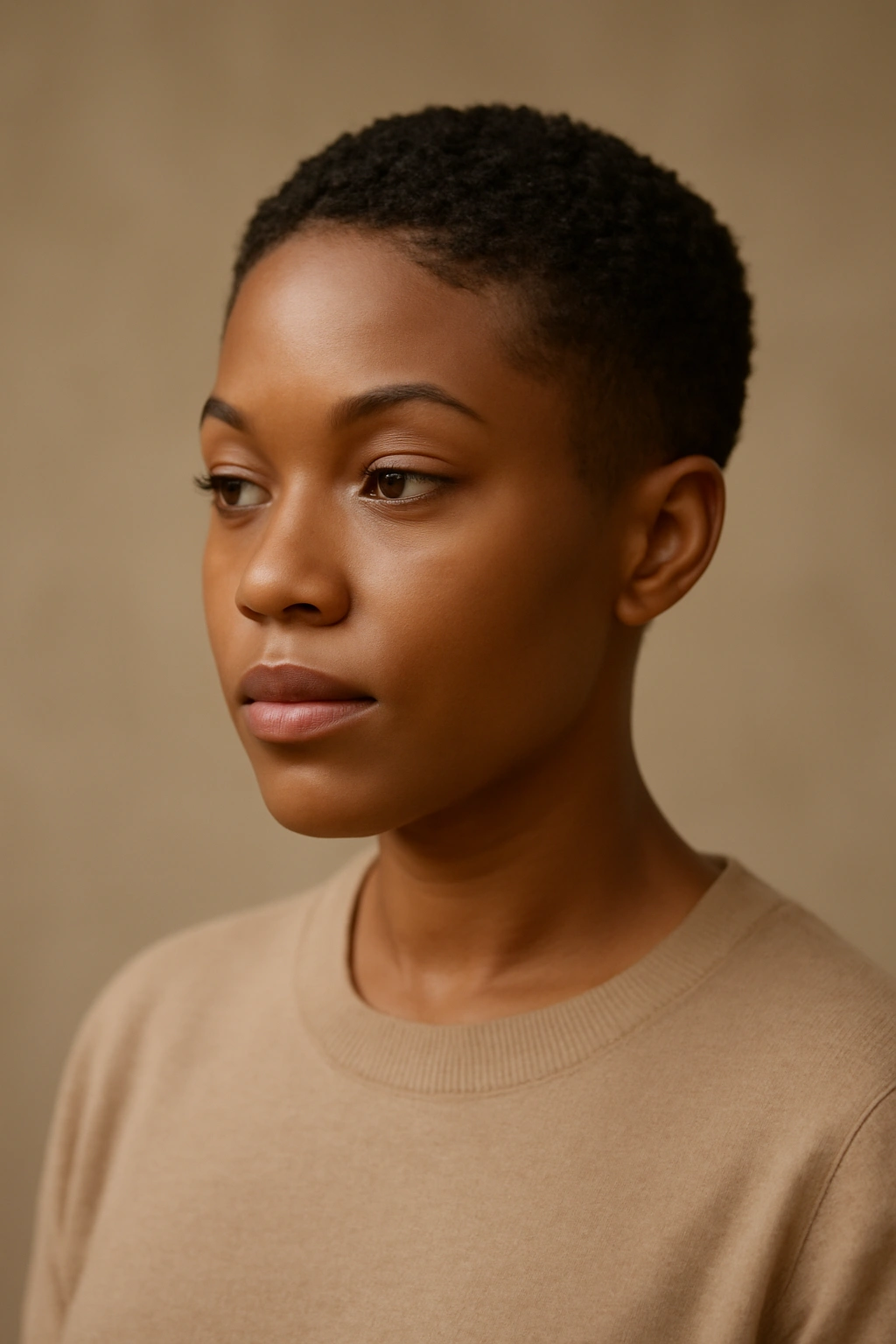 20 Short Haircut Ideas Every Black Woman Should Save 21 Confident Black woman with a short haircut, thoughtful expression.