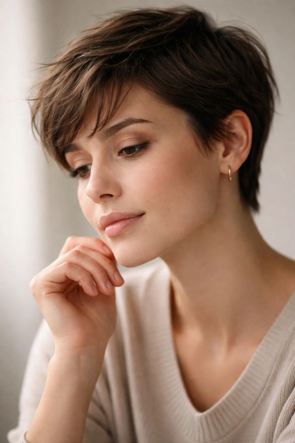 10 Short Haircuts That Help Control Frizzy Hair 11 Contemplative portrait of a person with short hair in soft lighting