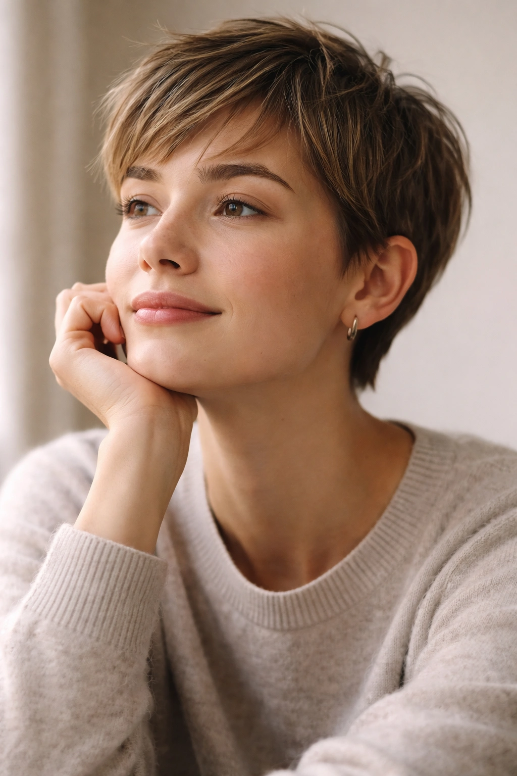 Contemplative portrait of a person with short hair