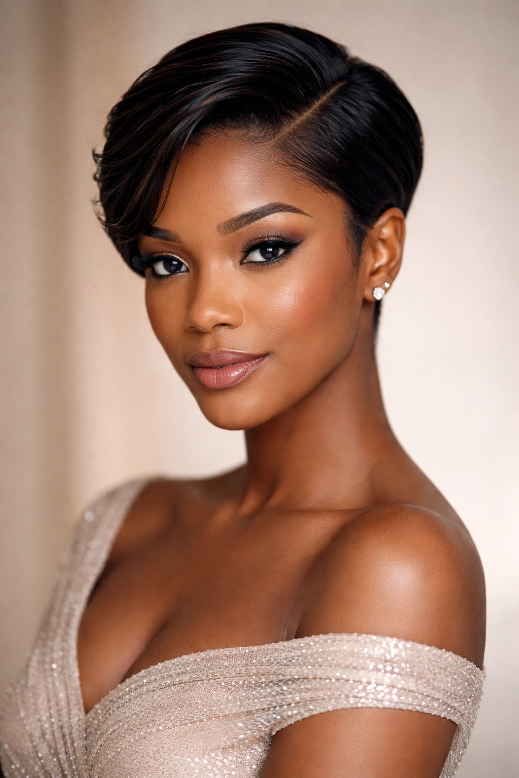 Studio portrait of a person with a sleek short hairstyle showing confidence and polish