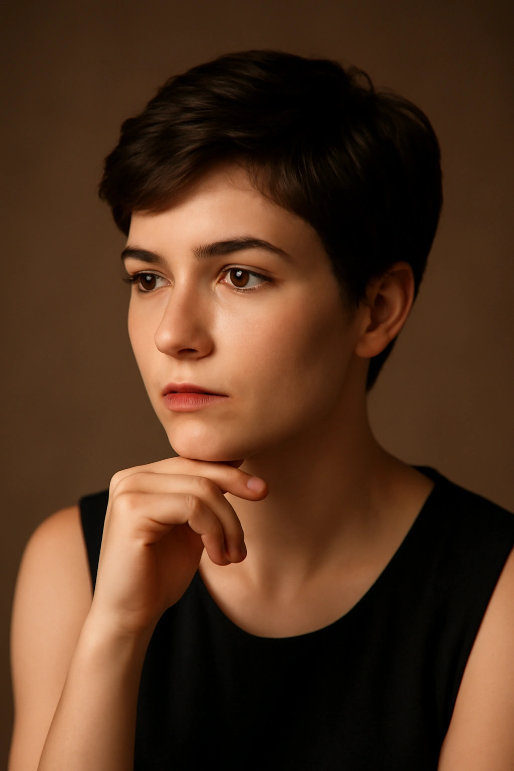 Going to Prom With Short Hair? 10 Styles to Try 11 Confident portrait of a person with short hair, thoughtful pose.