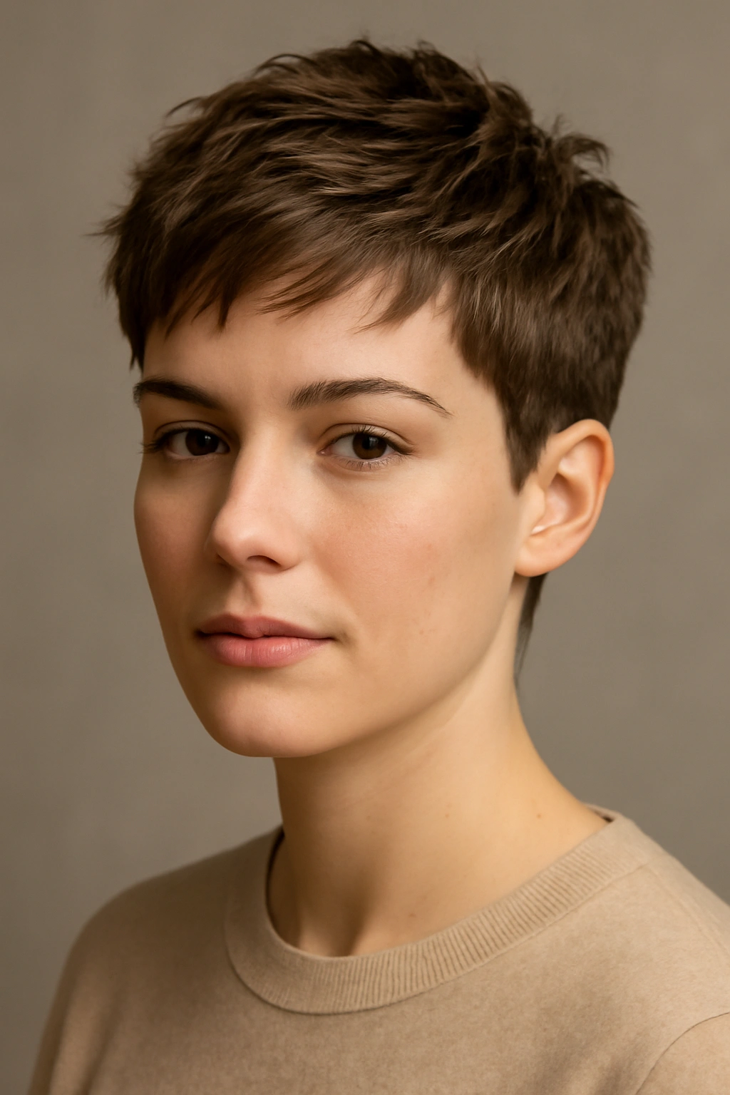 Portrait of a person with a short textured haircut softening a square jawline against a neutral studio backdrop