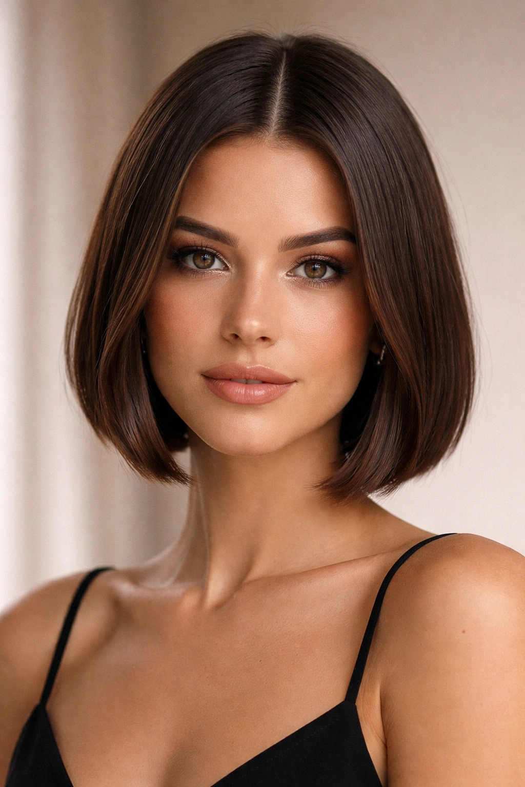 12 Middle Part Short Haircuts To Try At Your Next Cut 13 Close-up portrait of a person with a middle-part short haircut in a neutral studio backdrop, highlighting the part and hair texture