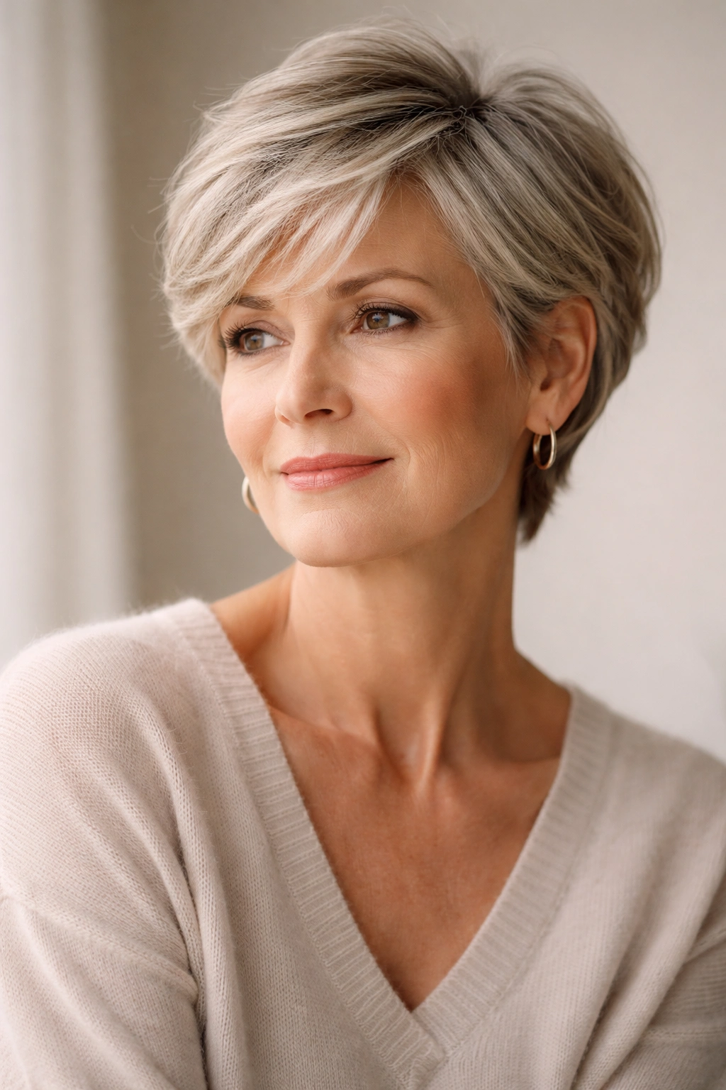 Contemplative portrait of a woman with a chic short haircut