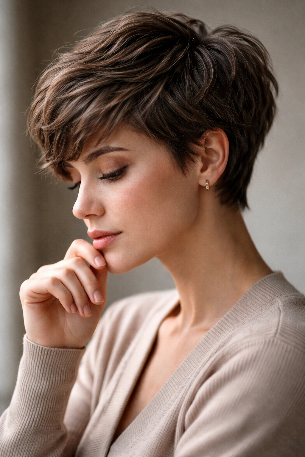 Thoughtful portrait of a person with a short haircut