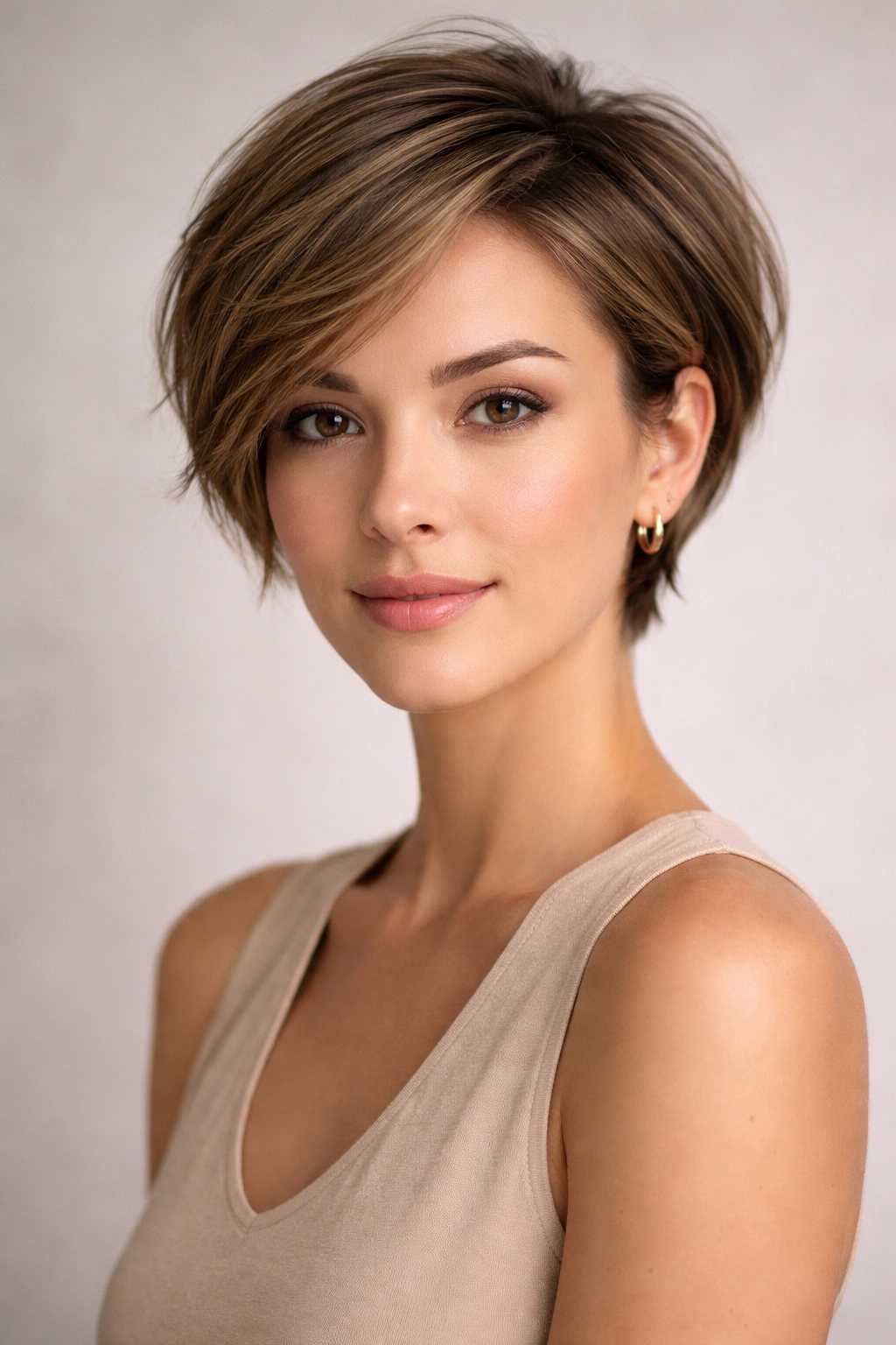 Portrait of a person with an elegant short hairstyle on an oval face in a neutral studio