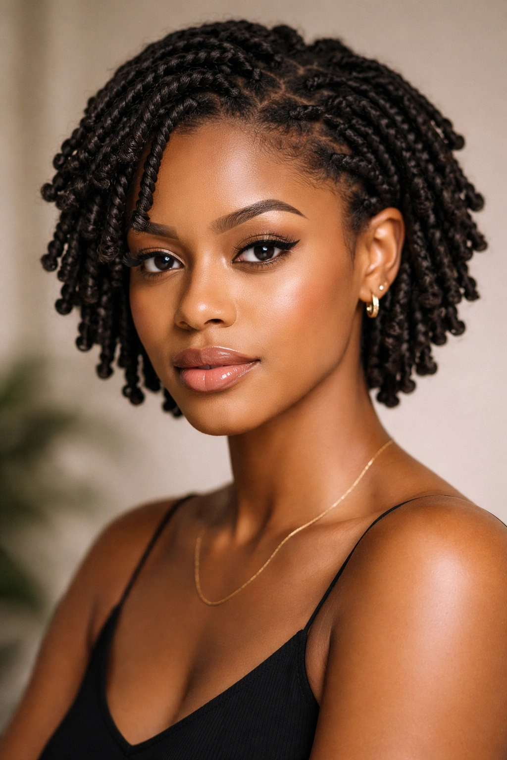 Close-up portrait of a person with short locs in a minimal studio setting