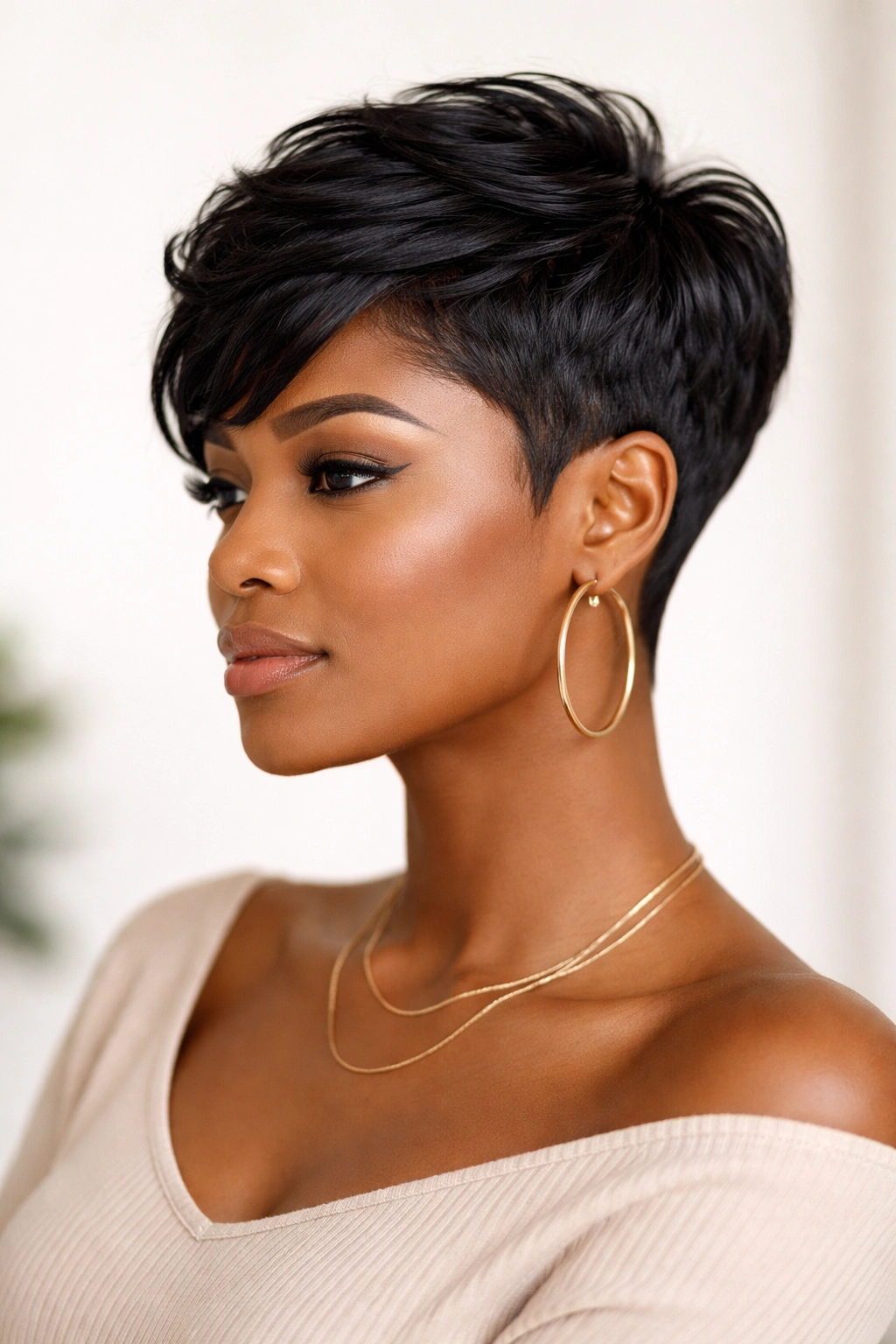 Profile portrait of a person with a short sew-in hairstyle