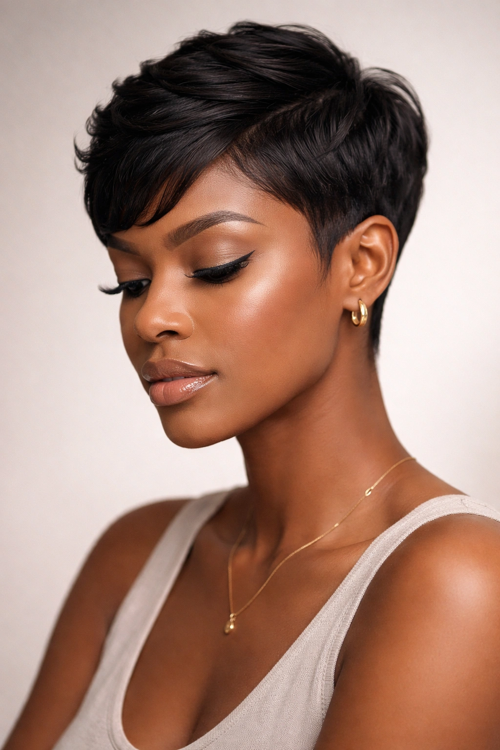 Contemplative portrait of a person with a sharp short weave in a neutral studio setting