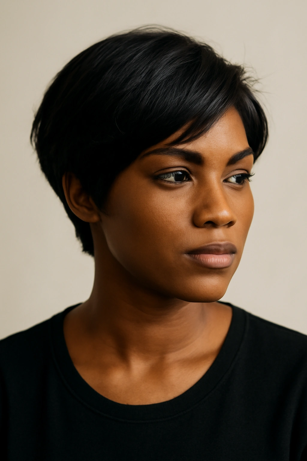 10 Quick Weave Short Styles Worth Asking For Now 15 Portrait of a person with a chic short weave looking confident and thoughtful