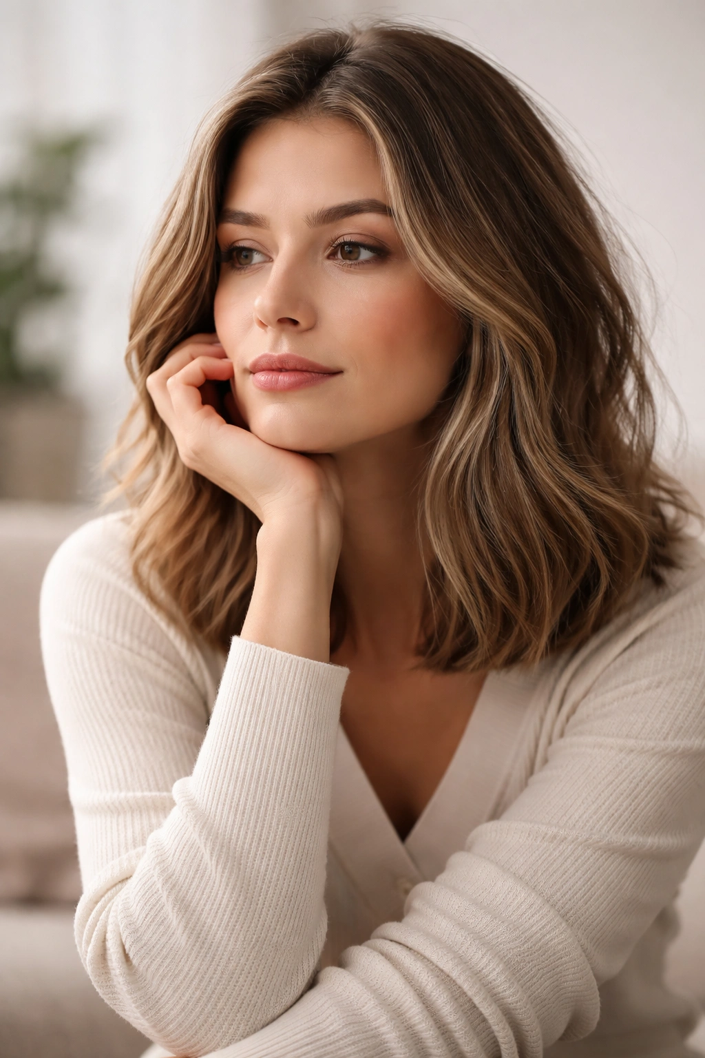 Contemplative portrait of a person with shoulder-length hair in a neutral studio