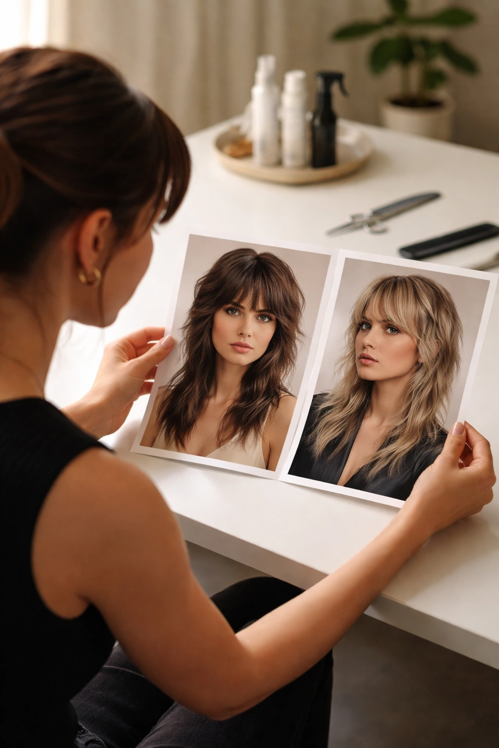 12 Shullet Haircuts That Mix Shag And Mullet 13 Contemplative hairstylist evaluating shullet references in a studio, focusing on texture contrast and length