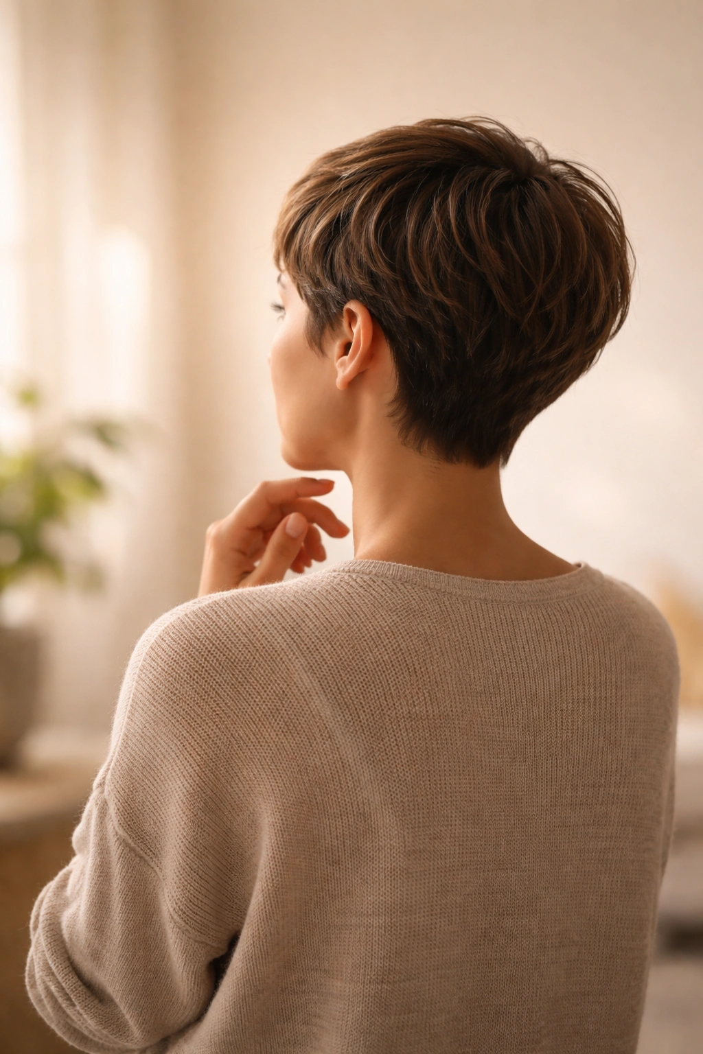 Silhouette of a person with a short hairstyle from behind in a neutral setting