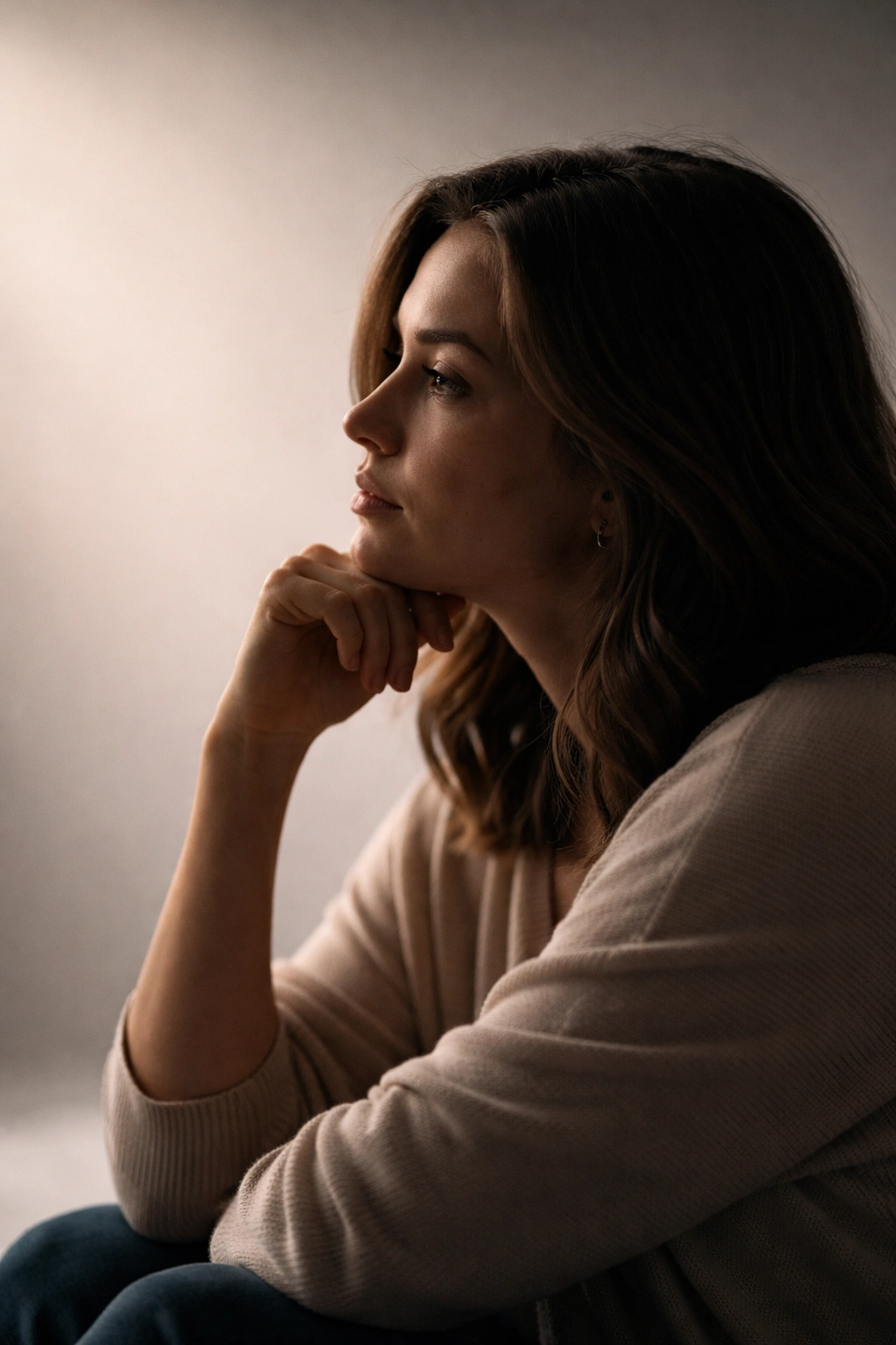 Silhouette of a person in a contemplative pose in a neutral studio background