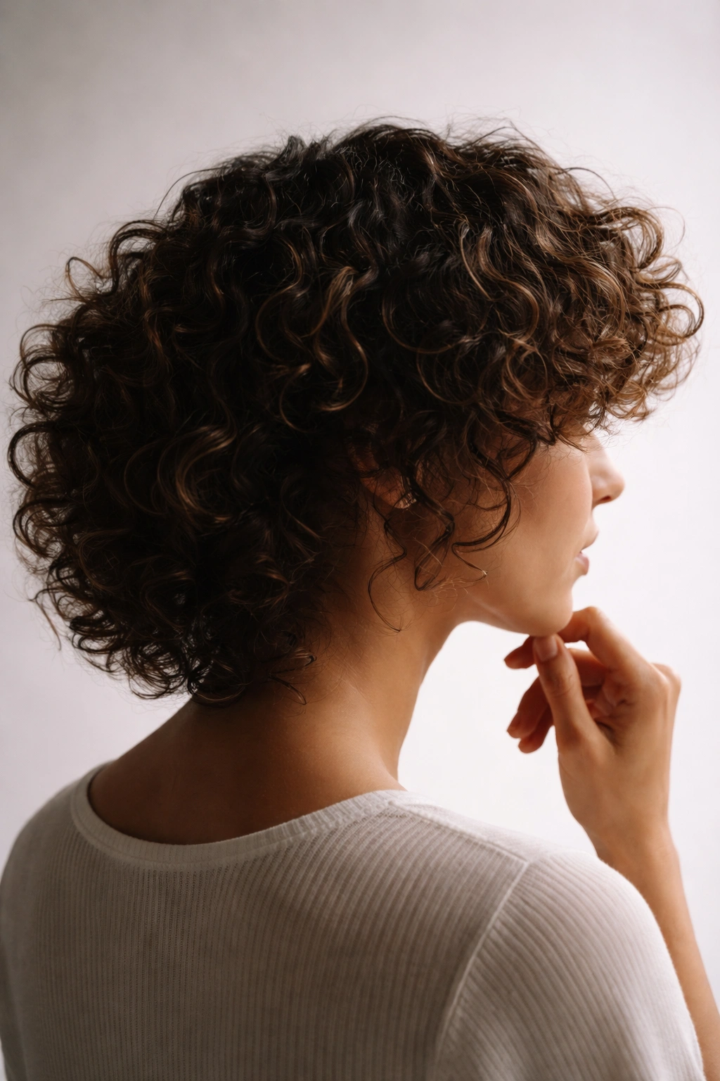 Silhouette of head with curly fringe reflecting final thoughts on hairstyle
