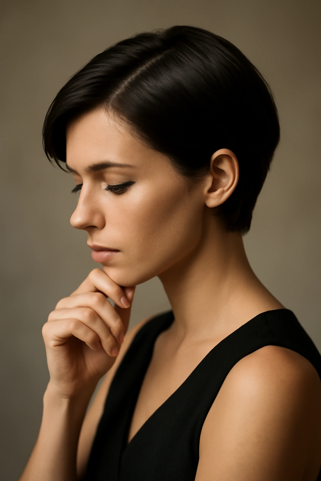 10 Gorgeous Night Out Hairstyles for Short Hair 11 Solitary figure with short sleek hair in a contemplative pose