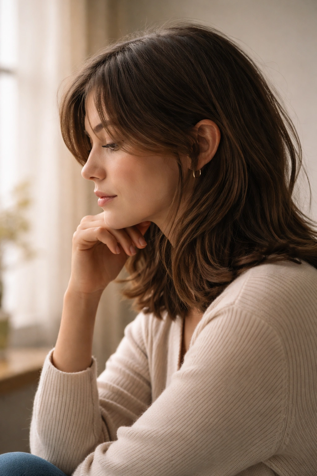 10 Hairstyles That Visually Shorten A Long Face 12 Silhouette of a person with shoulder-length hair in a thoughtful pose.