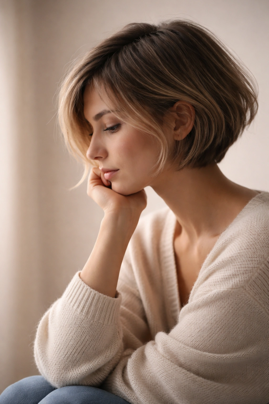 Silhouette of a person in a thoughtful pose against a neutral background