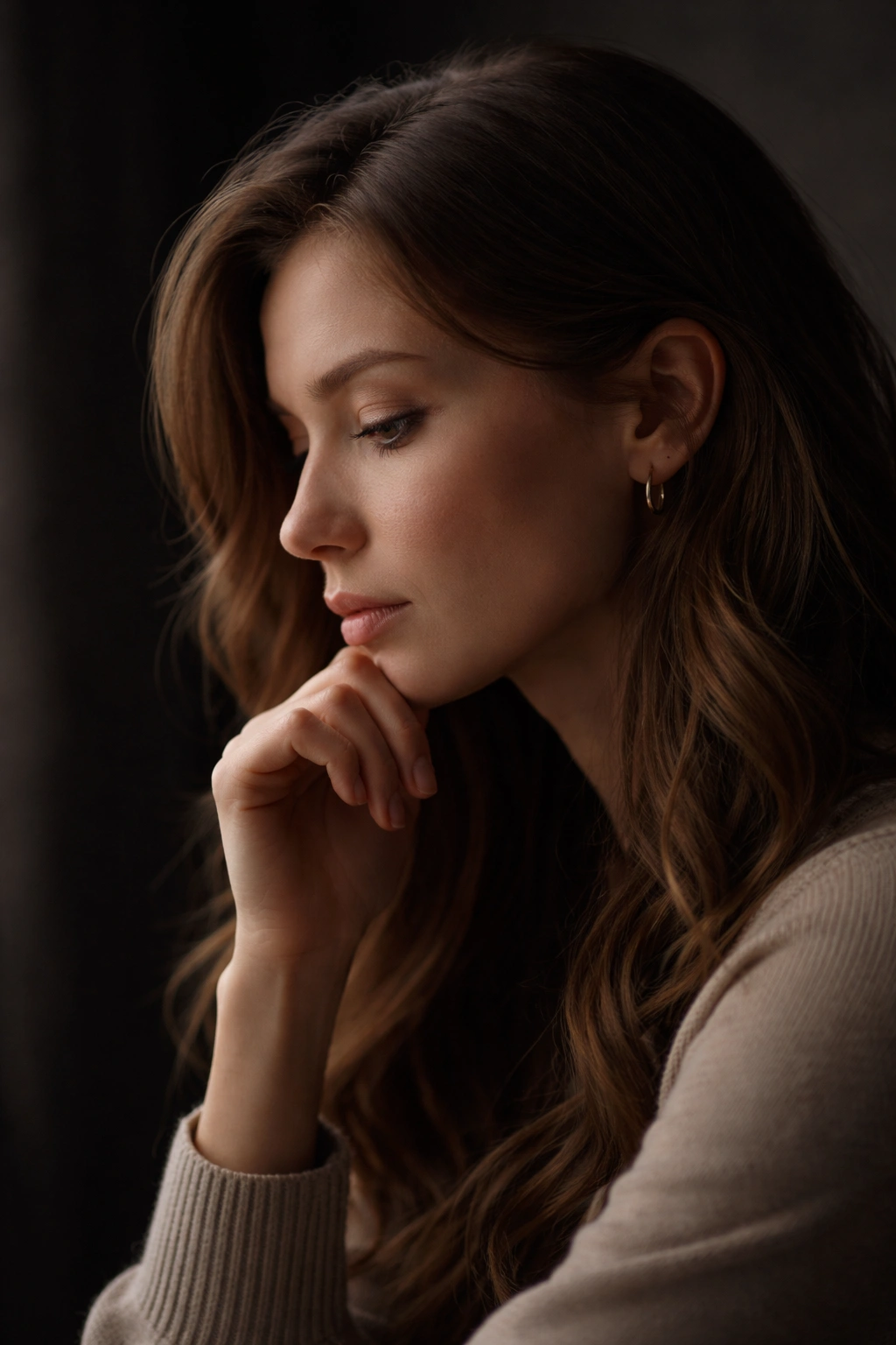 Close-up silhouette of a contemplative person in a dark studio, hairstyle context implied