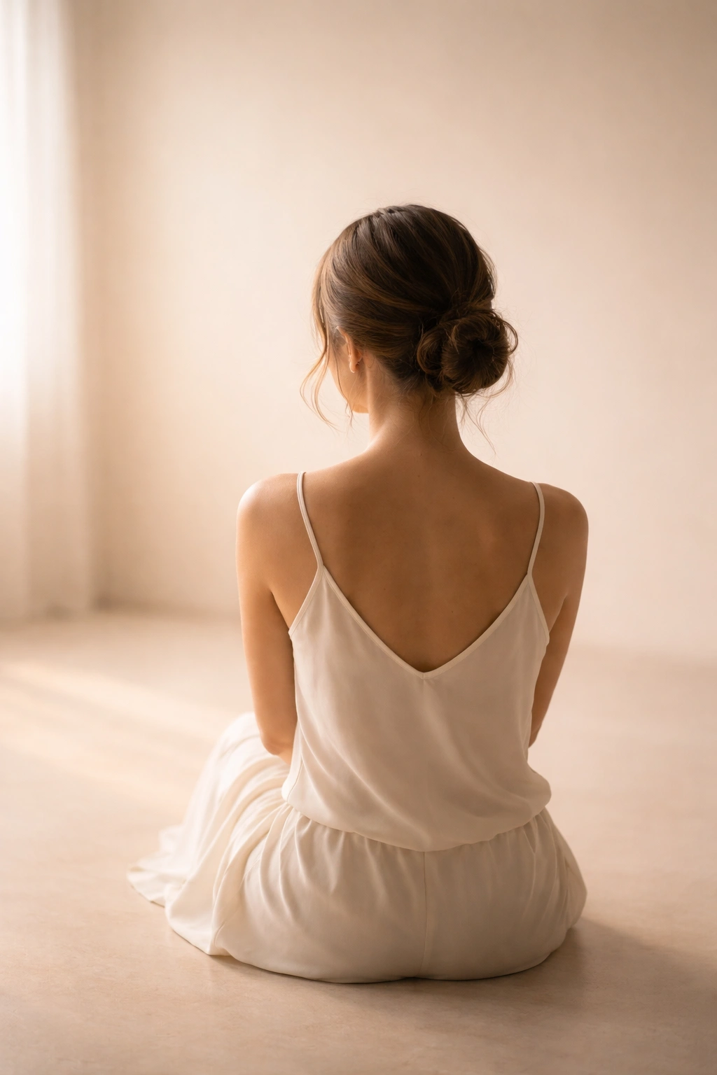 Contemplative silhouette of a person in a minimal, softly lit space conveying relaxed, elegant final thoughts