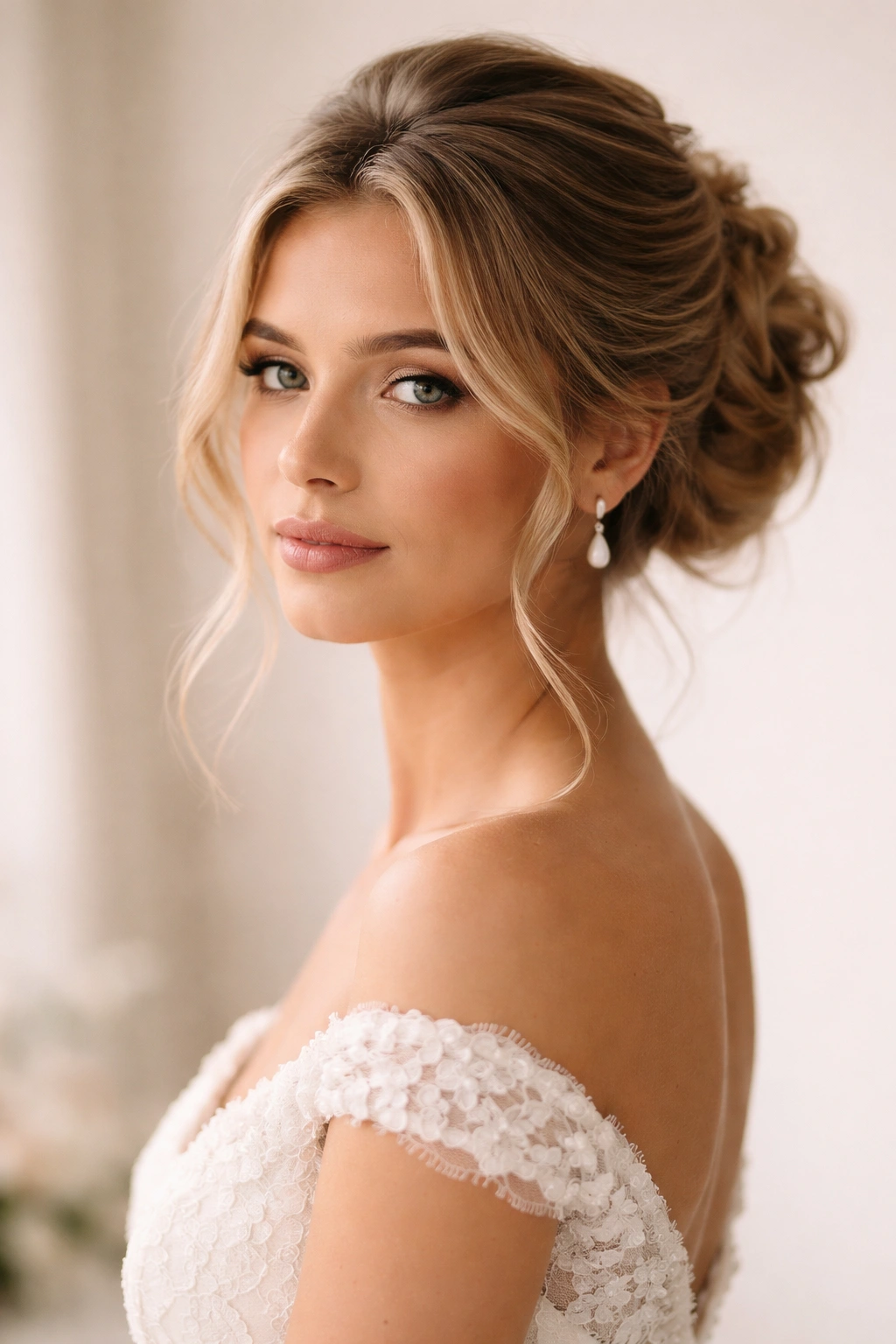 Bride with a soft updo and calm expression.