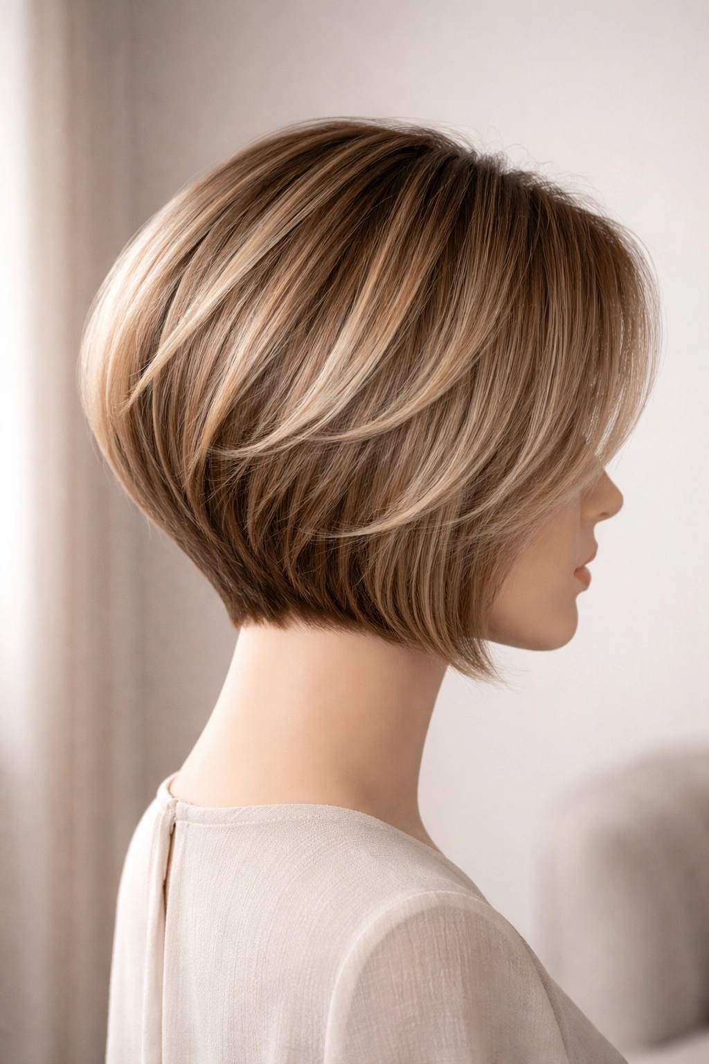 Elegant stacked bob portrait in a clean studio highlighting a polished silhouette