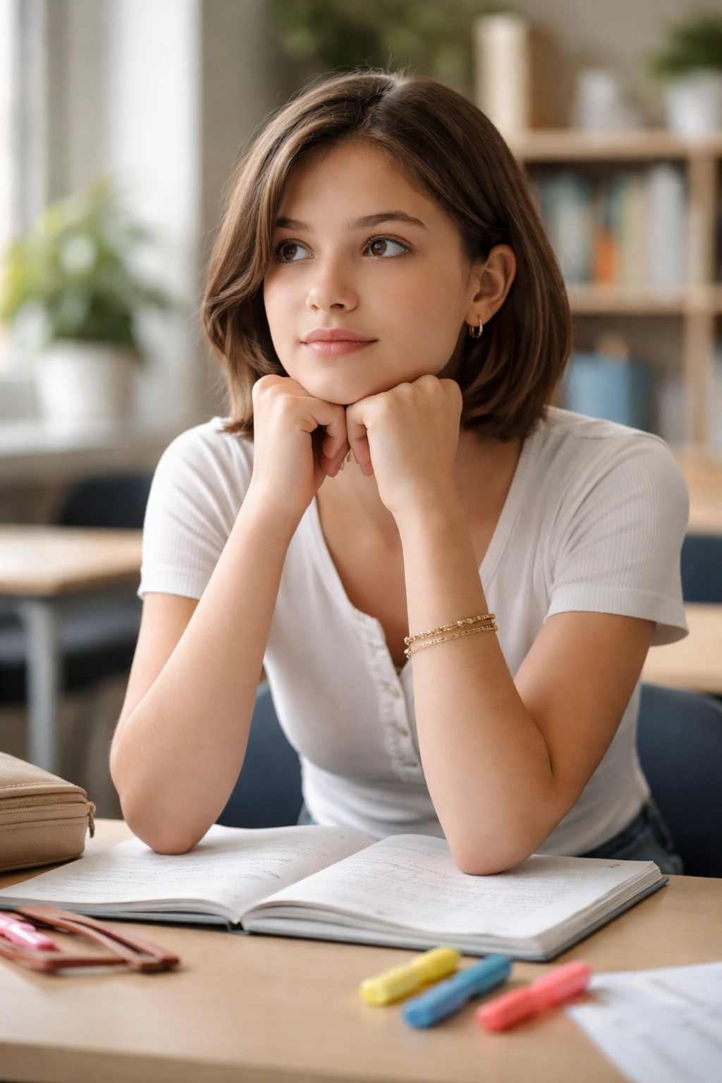 Student thoughtfully seated at a desk in study area