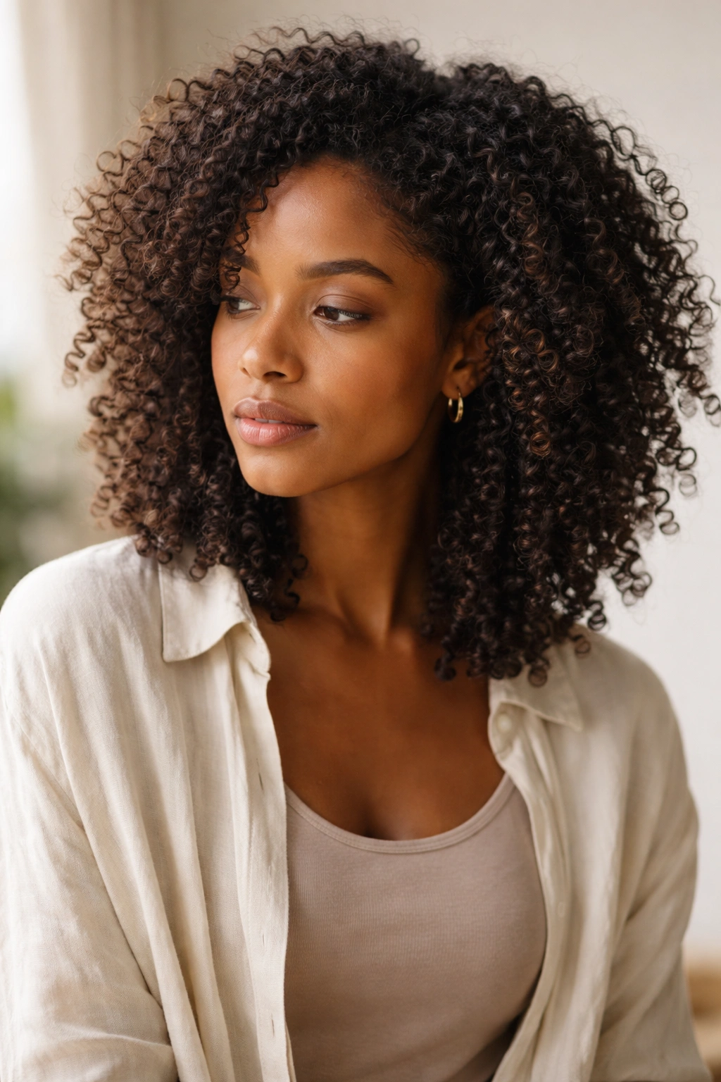 12 Textured Haircuts Organized By Curl Pattern 17 Thoughtful portrait of someone with textured hair in a calm studio