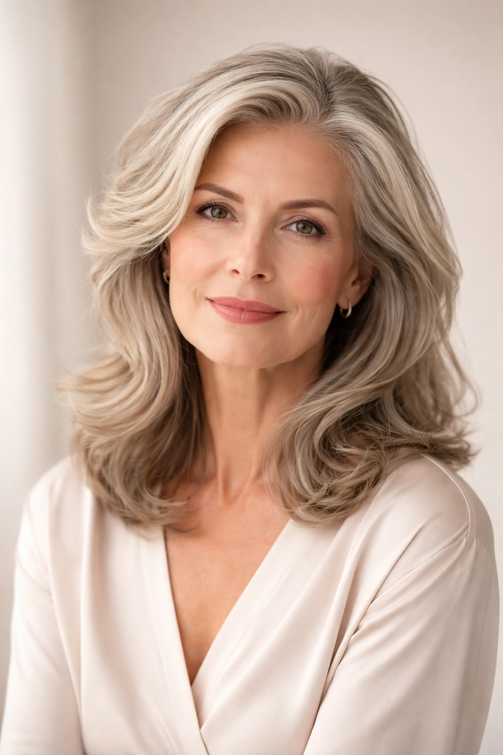 Portrait of a mature woman with thick hair in a calm, neutral setting.