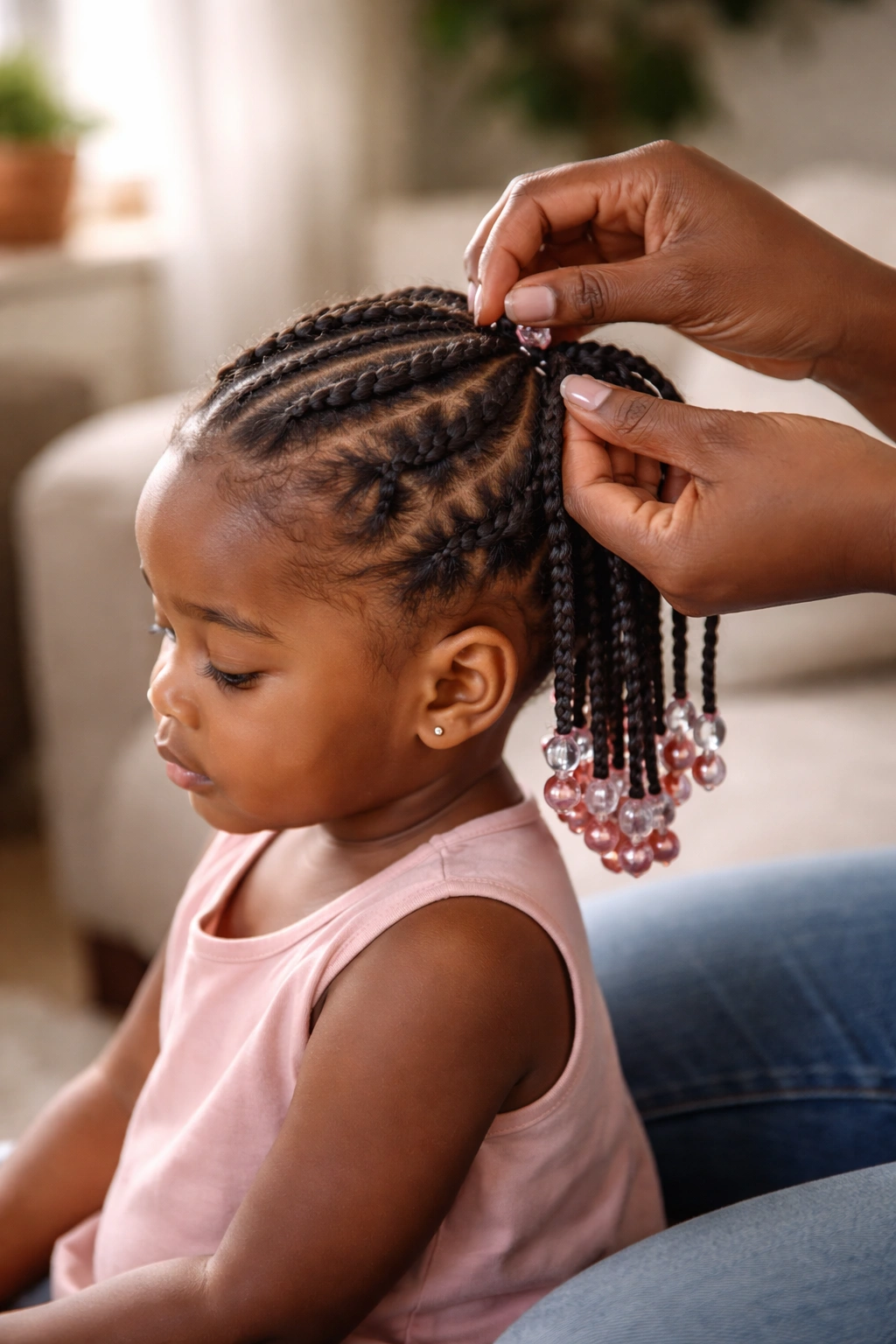 Close up of caregiver's hands braiding a toddler's protective braided hairstyle in warm natural light