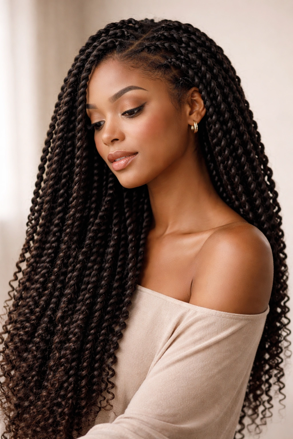 Single subject portrait with long passion twists, studio lighting emphasizing hair texture and length