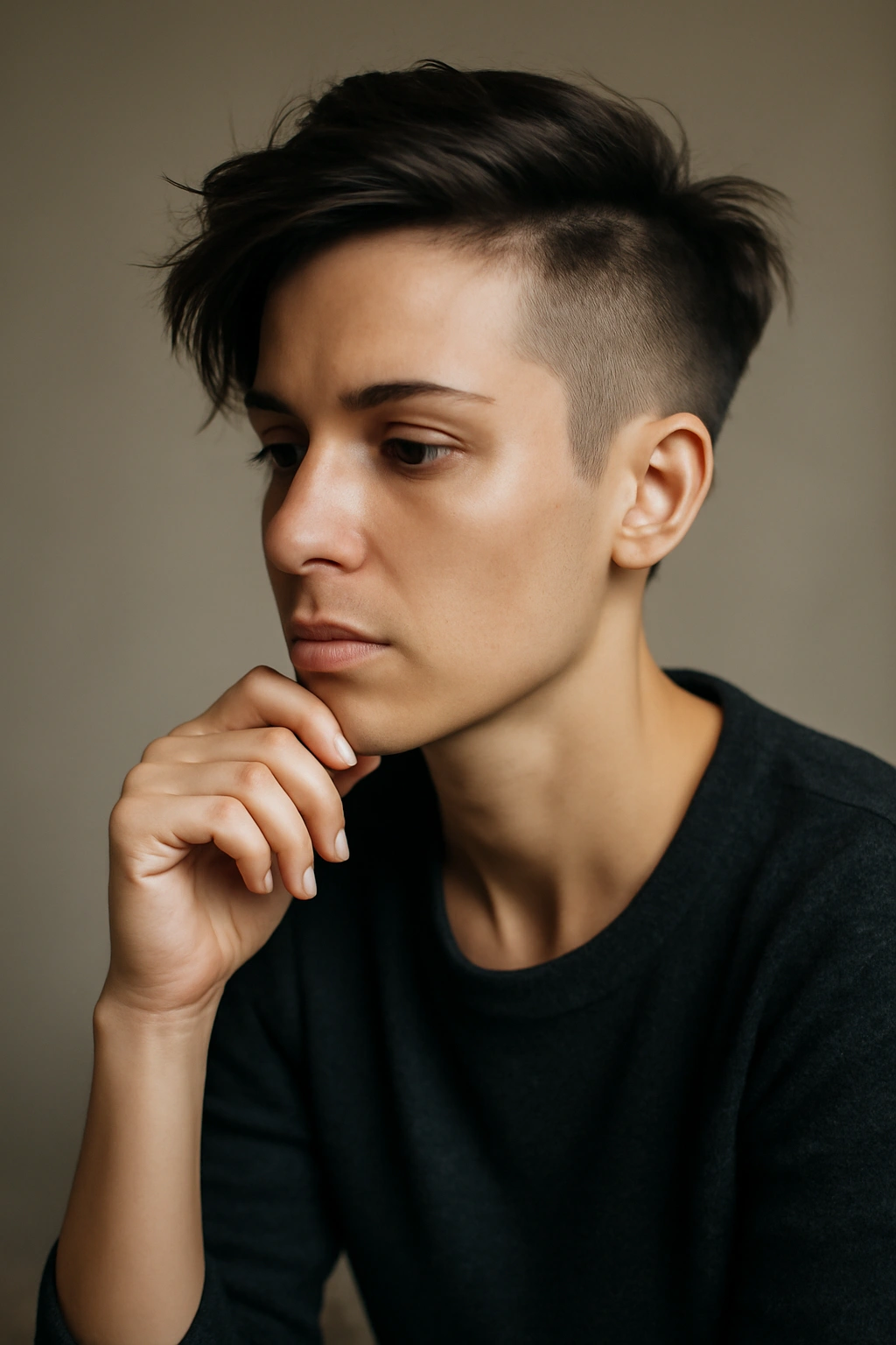 10 Edgy Short Hairstyles That Take Undercuts to Another Level 11 Contemplative portrait of a person with an edgy undercut