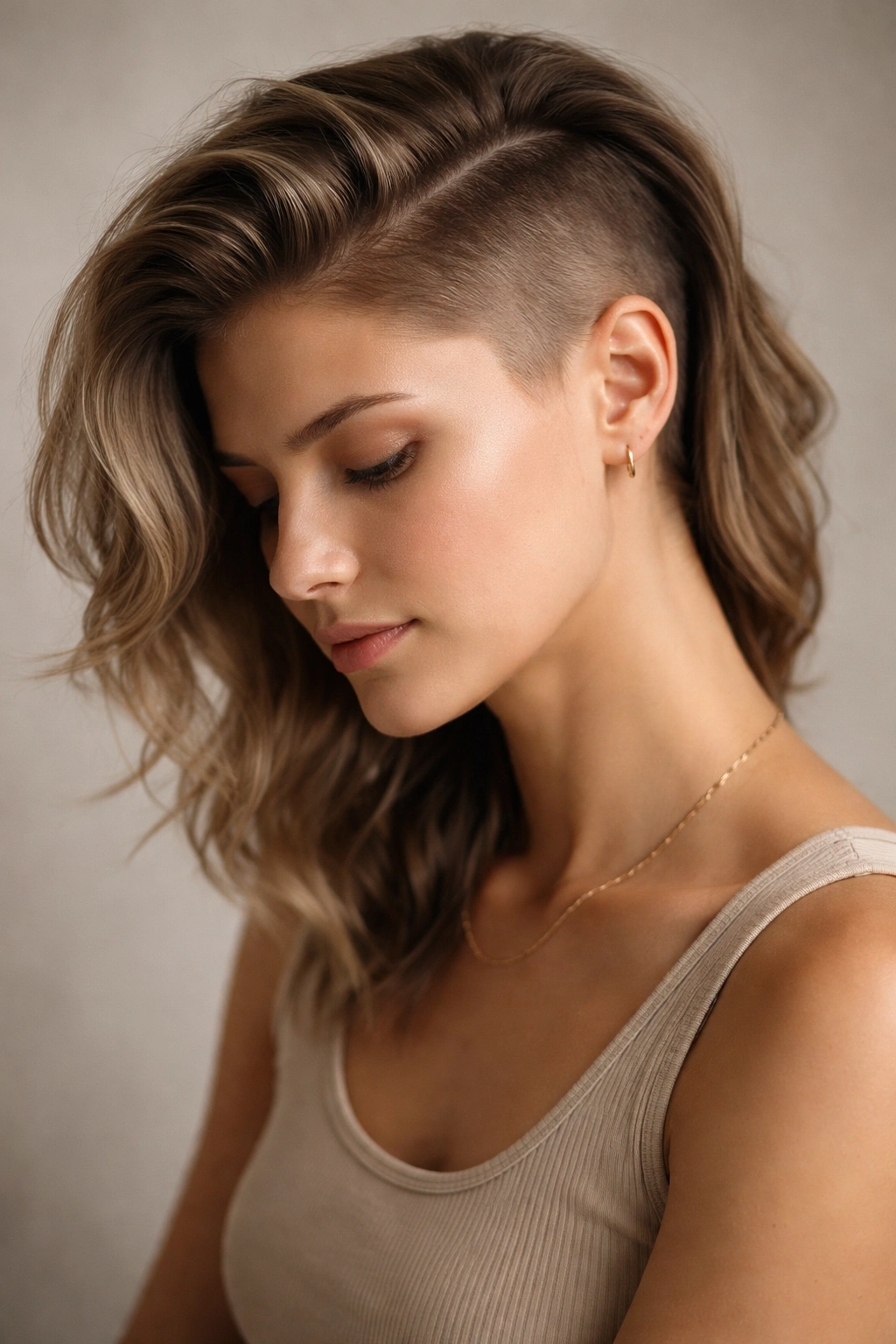 Contemplative portrait of a person with an undercut in a neutral studio