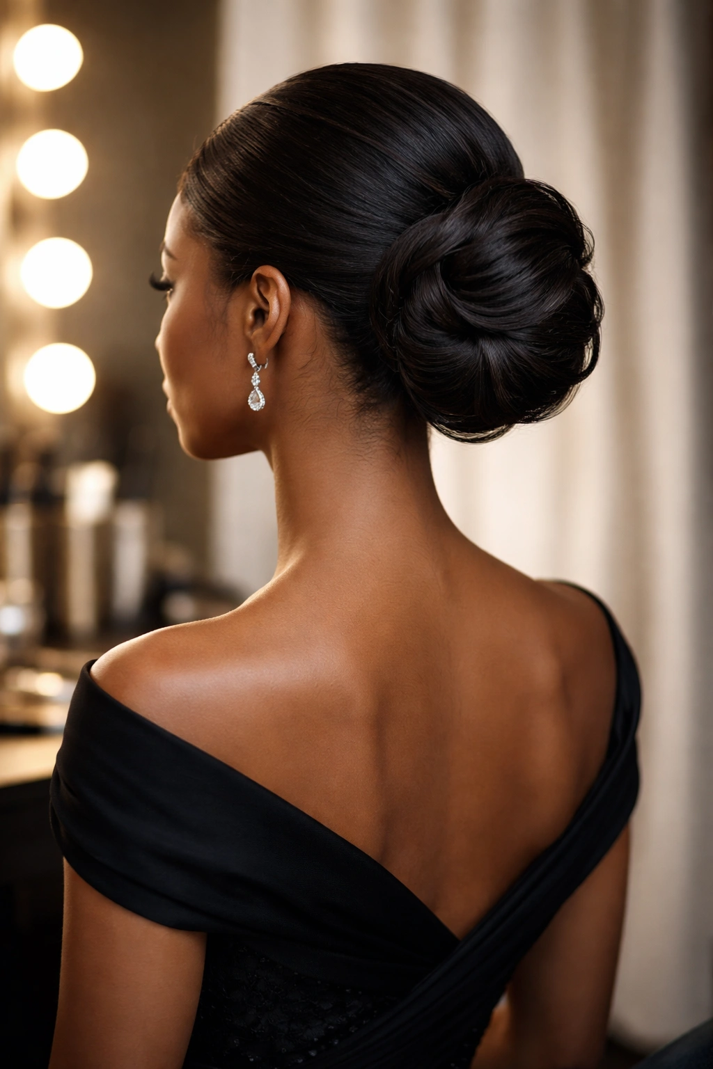 Back/side view of a finished updo in a calm backstage setting