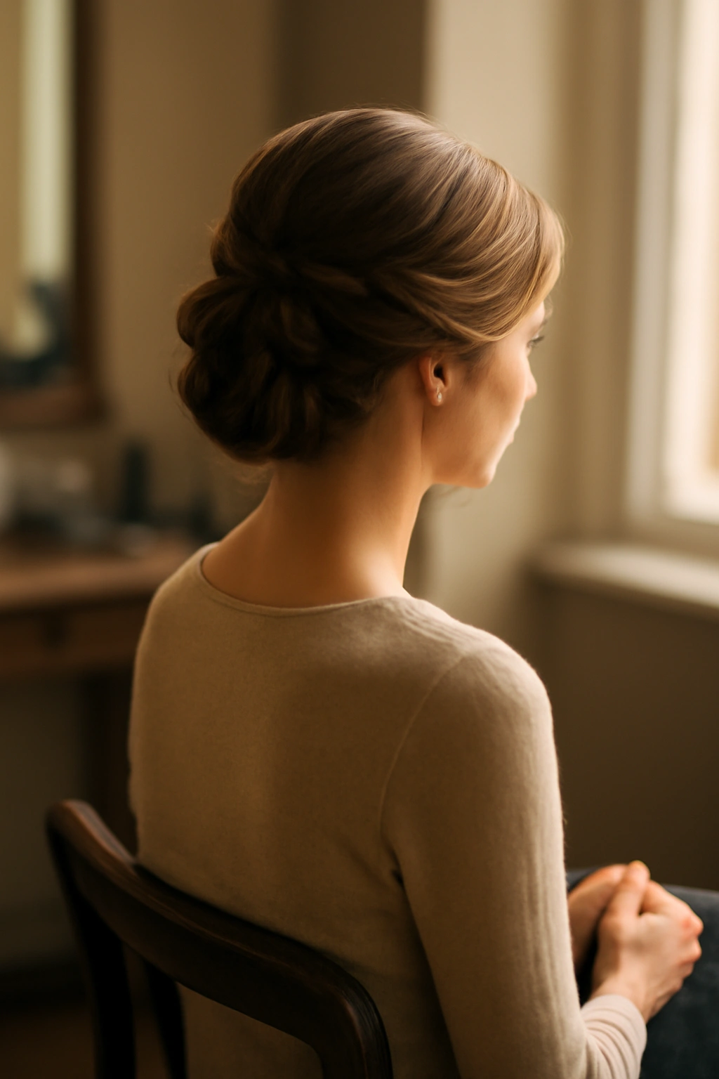 10 Elegant Updos for Weddings and Formal Events 11 Calm salon scene with a person in an elegant updo and thoughtful pose
